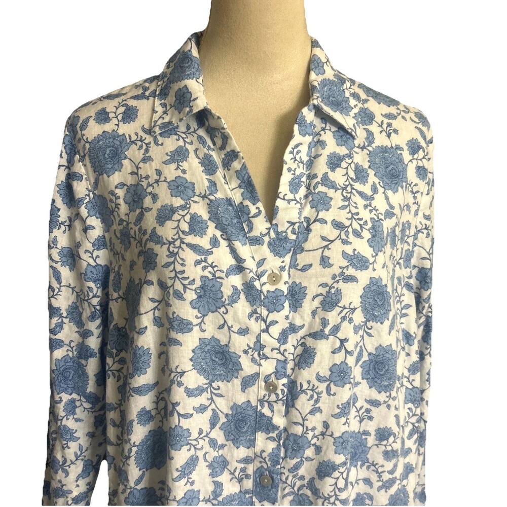 J. Jill Linen Blend Blue White Maxi Floral Shirt Dress Button Down Pocket Sz L - Picture 2 of 12